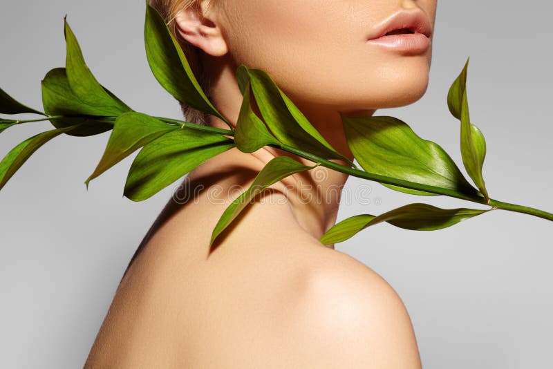 Piękna kobieta stosuje Organicznie kosmetyka zdroju wellness Model z czystą skórą Opieka zdrowotna Obrazek z liściem
