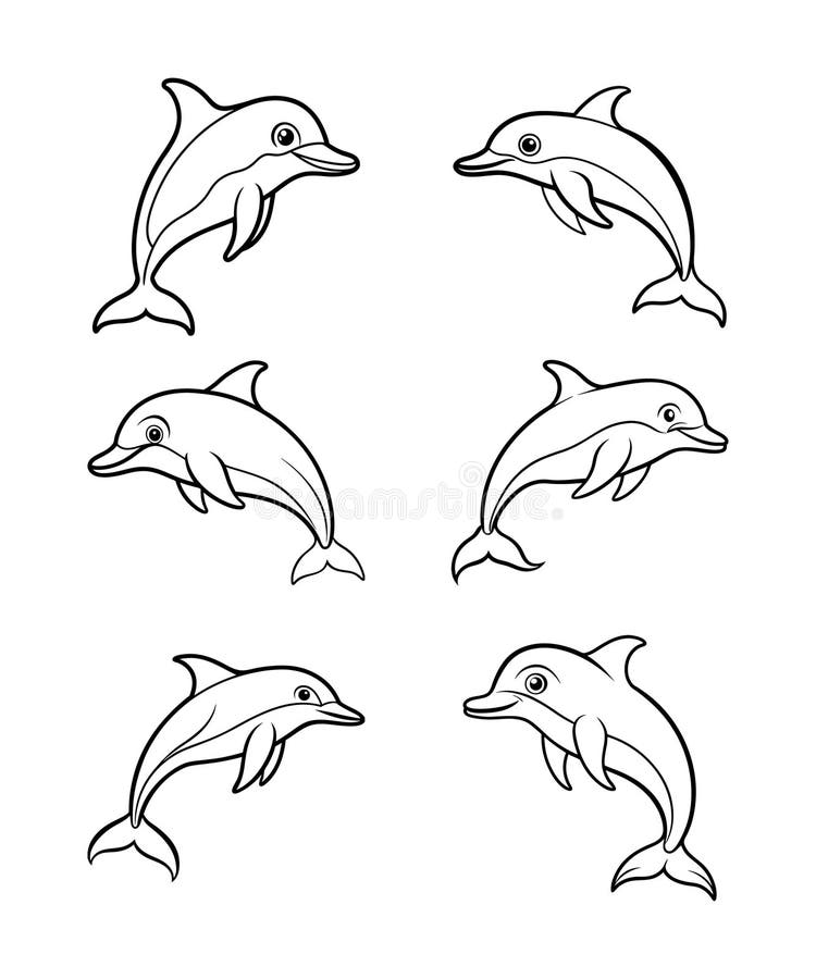 Piękna kolekcja rysunków liniowych delfinów royalty ilustracja