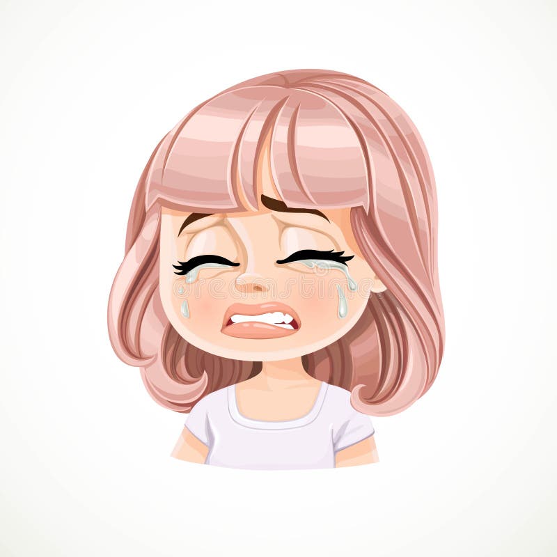 Beautiful inconsolably crying cartoon girl with powdery pink bob haircut with bangs portrait isolated on white background. Beautiful inconsolably crying cartoon girl with powdery pink bob haircut with bangs portrait isolated on white background