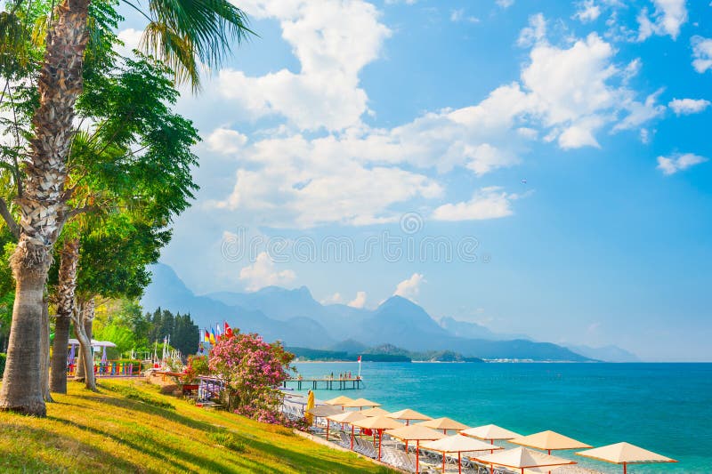 Piękna plaża z zielonymi drzewami w Kemer, Turcja zdjęcie stock Piękna plaża z zielonymi drzewami w Kemer, Turcja zdjęcie stock