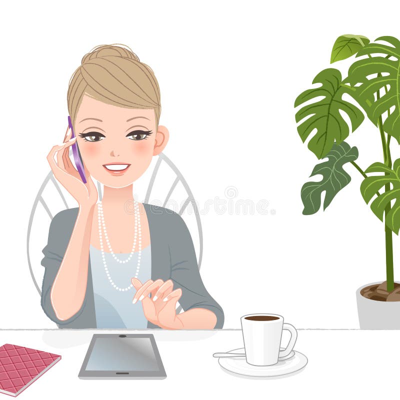 Piękna wykonawcza kobieta opowiada na telefonie z dotyka ochraniaczem royalty ilustracja Piękna wykonawcza kobieta opowiada na telefonie z dotyka ochraniaczem royalty ilustracja