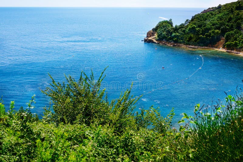 Piękna zatoka Adriatycki wybrzeże blisko Budva antena fotografia stock Piękna zatoka Adriatycki wybrzeże blisko Budva antena fotografia stock