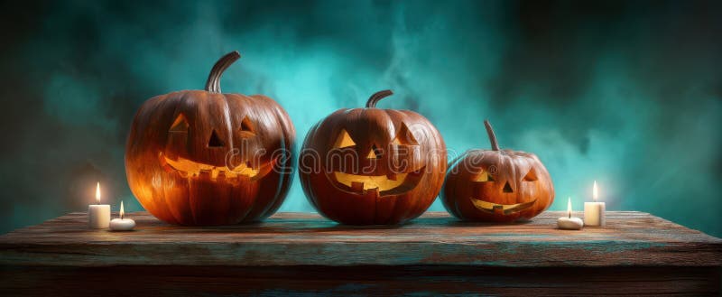 Pięknie rzeźbione dynie Halloween świecące świecami na drewnianym stoleObraz wygenerowany przez AI obraz royalty free