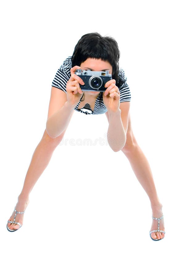 Piękno kamery dziewczyny zdjęcia fotograf jest kamizelka marynarzy zdjęcia stock