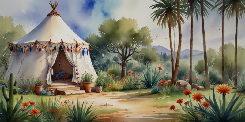 Piękny akwarela indiański namiot tepee skandynawski styl ai obraz wygenerowany komputerowo ilustracja wektor