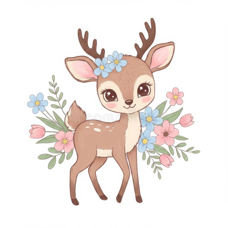 Piękny Brązowy Fawer z Pastel Flowers royalty ilustracja
