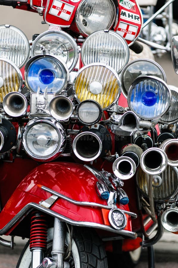 Southend, England - 17 April 2017: Highly modded scooters on display at the annual shakedown event, Southend, England. Southend, England - 17 April 2017: Highly modded scooters on display at the annual shakedown event, Southend, England.