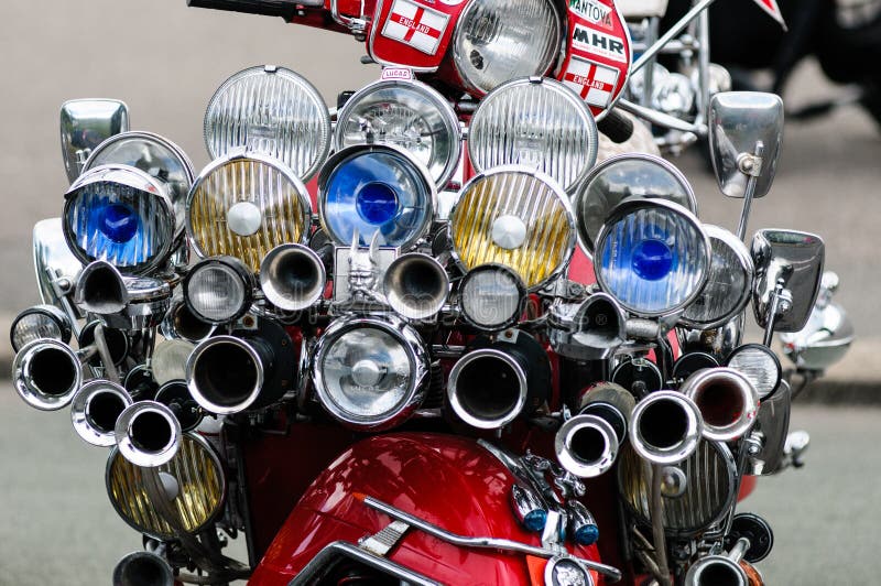 Southend, England - 17 April 2017: Highly modded scooters on display at the annual shakedown event, Southend, England. Southend, England - 17 April 2017: Highly modded scooters on display at the annual shakedown event, Southend, England.