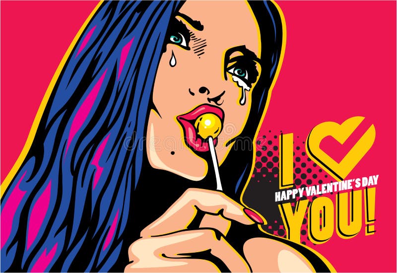 Piękny kobiety oblizania lizak, płacz kobieta, kocham ciebie, valentines dnia wystrzału sztuki stylu sztandar ilustracja wektor Piękny kobiety oblizania lizak, płacz kobieta, kocham ciebie, valentines dnia wystrzału sztuki stylu sztandar ilustracja wektor