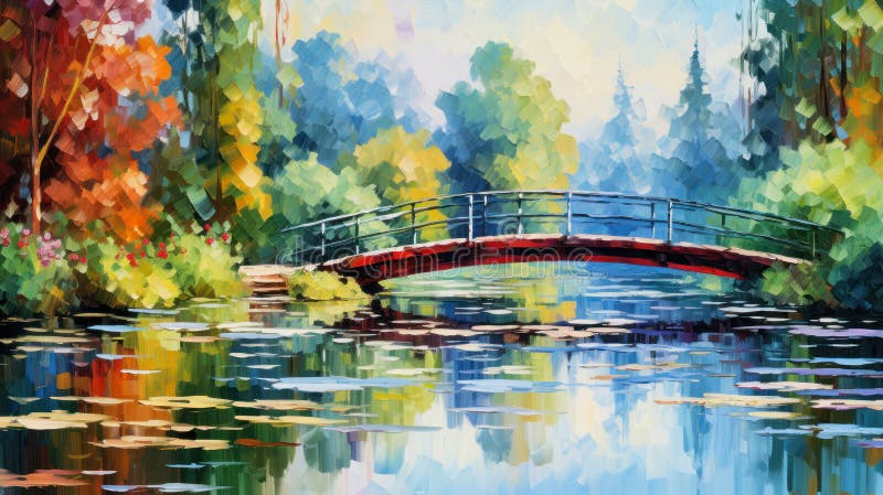 Piękny krajobraz z mostem nad wodą w stylu monet zdjęcie royalty free