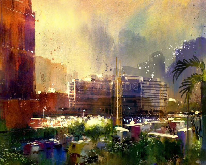 Piękny miasto linii horyzontu widok, maluje ilustracji