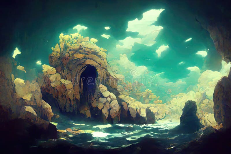 Piękny morski jaskiniowy niebieski ocean uderzył ilustracja wektor