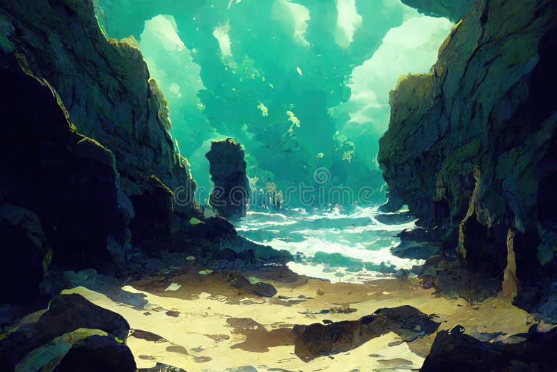 Piękny morski jaskiniowy niebieski ocean uderzył ilustracja wektor