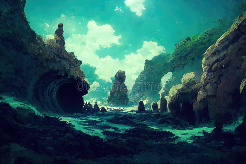 Piękny morski jaskiniowy niebieski ocean uderzył royalty ilustracja
