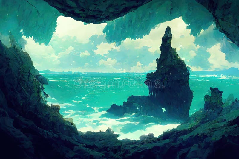 Piękny morski jaskiniowy niebieski ocean uderzył ilustracja wektor