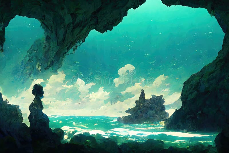 Piękny morski jaskiniowy niebieski ocean uderzył royalty ilustracja