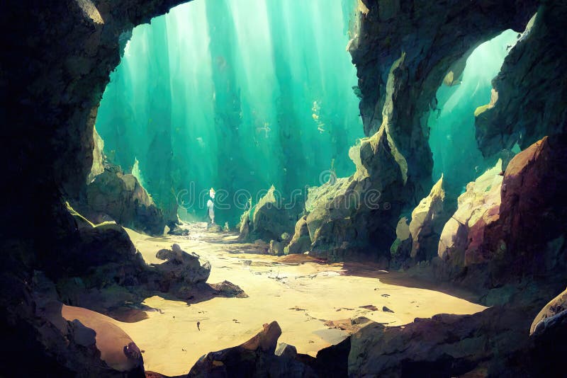 Piękny morski jaskiniowy niebieski ocean uderzył ilustracji