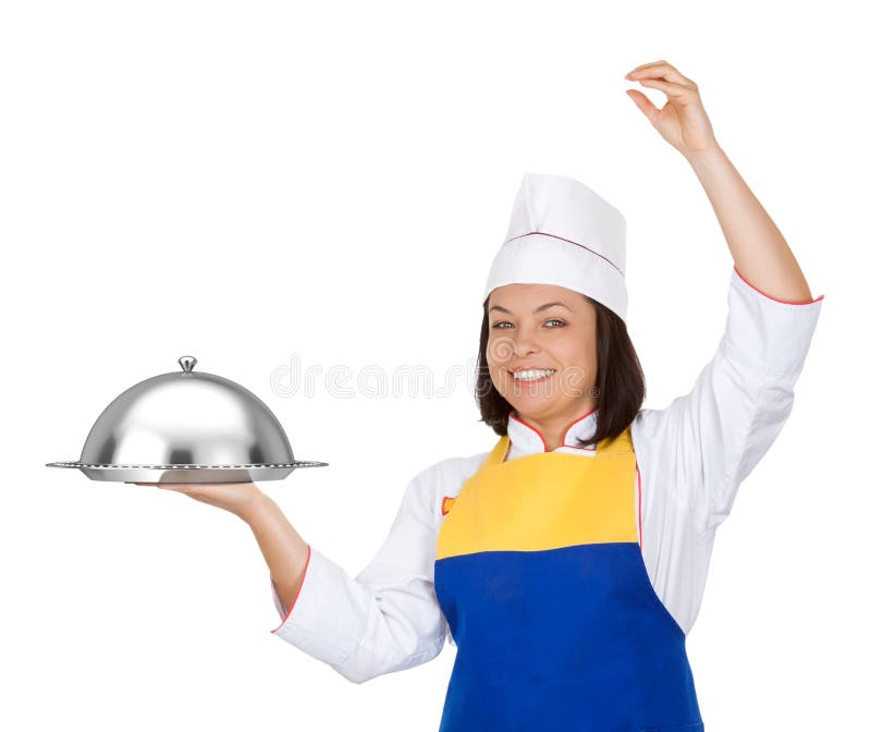Piękny młoda kobieta szef kuchni z Restauracyjnym Cloche obrazy royalty free Piękny młoda kobieta szef kuchni z Restauracyjnym Cloche obrazy royalty free