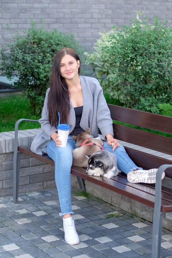 Piękny młodej kobiety obsiadanie na drewnianej ławce i cieszy się z jej ślicznym małego psa husky fotografia royalty free Piękny młodej kobiety obsiadanie na drewnianej ławce i cieszy się z jej ślicznym małego psa husky fotografia royalty free