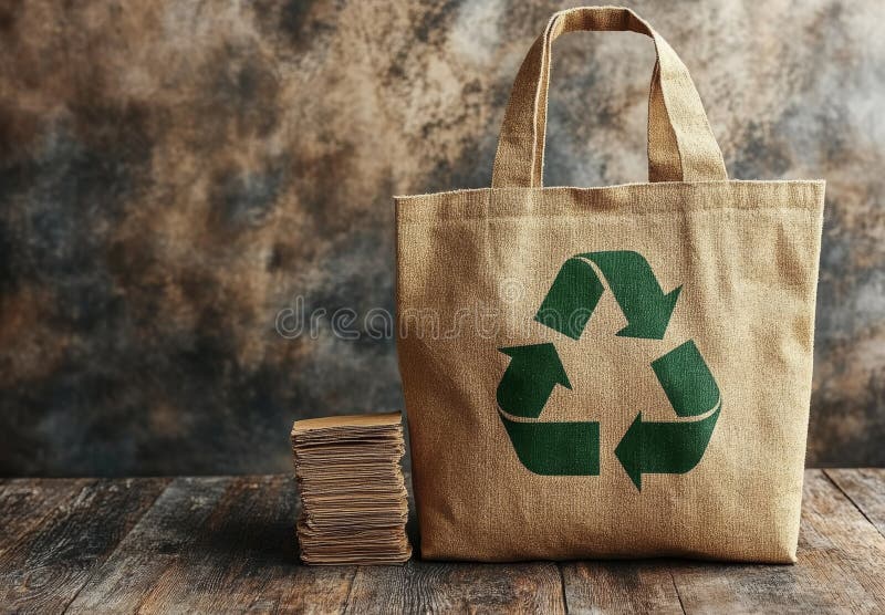Piękny stos ubrań składanych znajduje się obok przyjaznej dla środowiska torebki, która przedstawia uniwersalny symbol recyklingu zdjęcie royalty free
