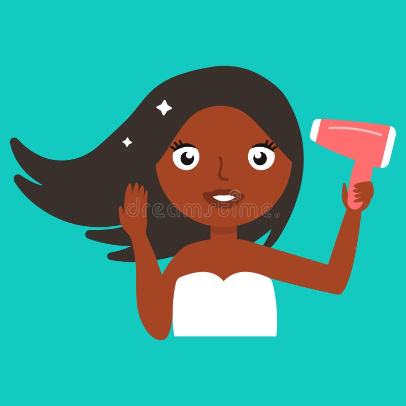 Piękny zmrok skinned dziewczyny dmuchanie suchego jej włosy z różanym hairdryer wektorem royalty ilustracja Piękny zmrok skinned dziewczyny dmuchanie suchego jej włosy z różanym hairdryer wektorem royalty ilustracja