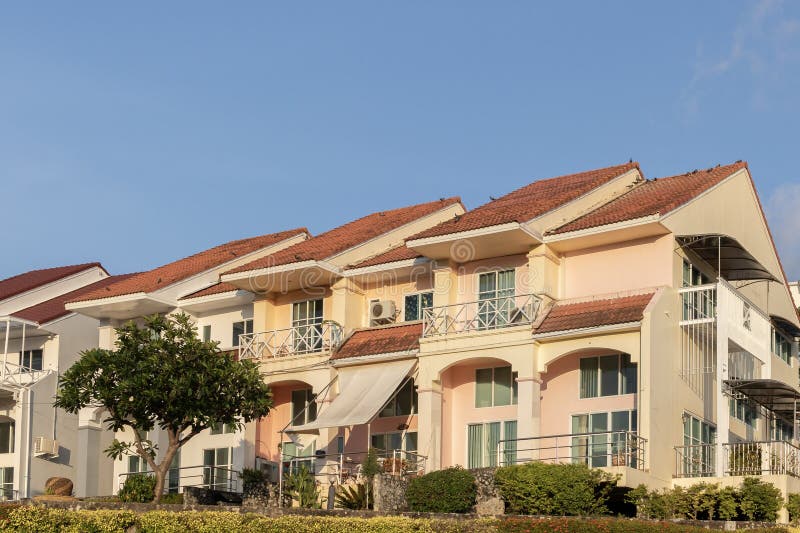 3-story shophouse with red roof exterior. 3-story shophouse with red roof exterior