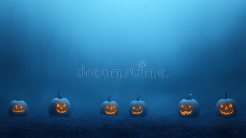 Pięć błyszczących jackolanternów w mglistym lesie ułożonym z rzędu royalty ilustracja