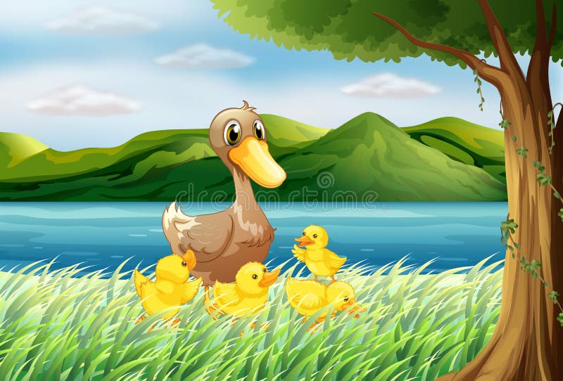 Pięć kaczek przy riverbank ilustracja wektor Pięć kaczek przy riverbank ilustracja wektor