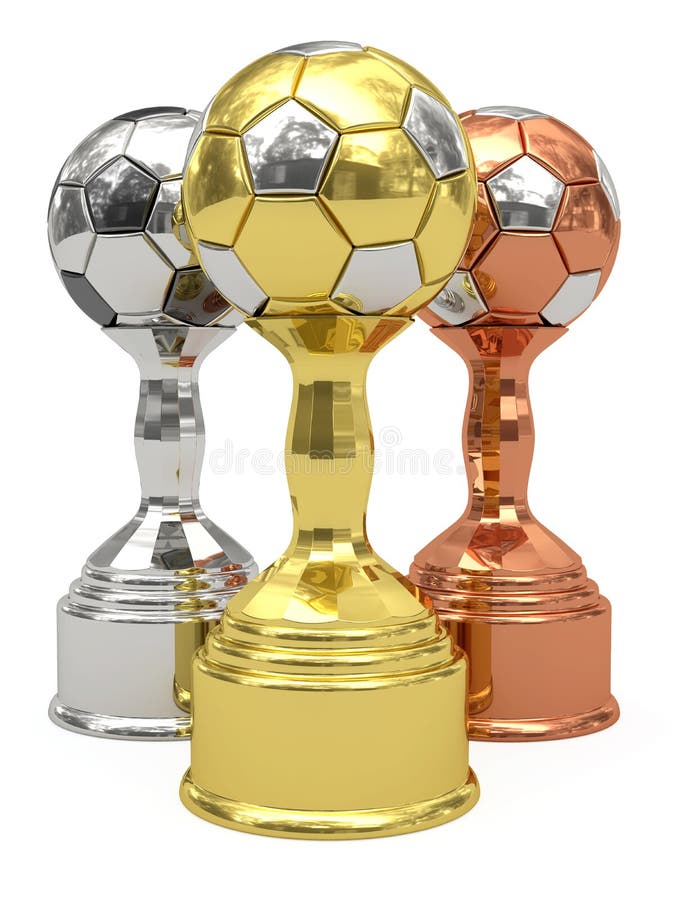 Piłek nożnych brązowi złoci srebni trofea obraz stock