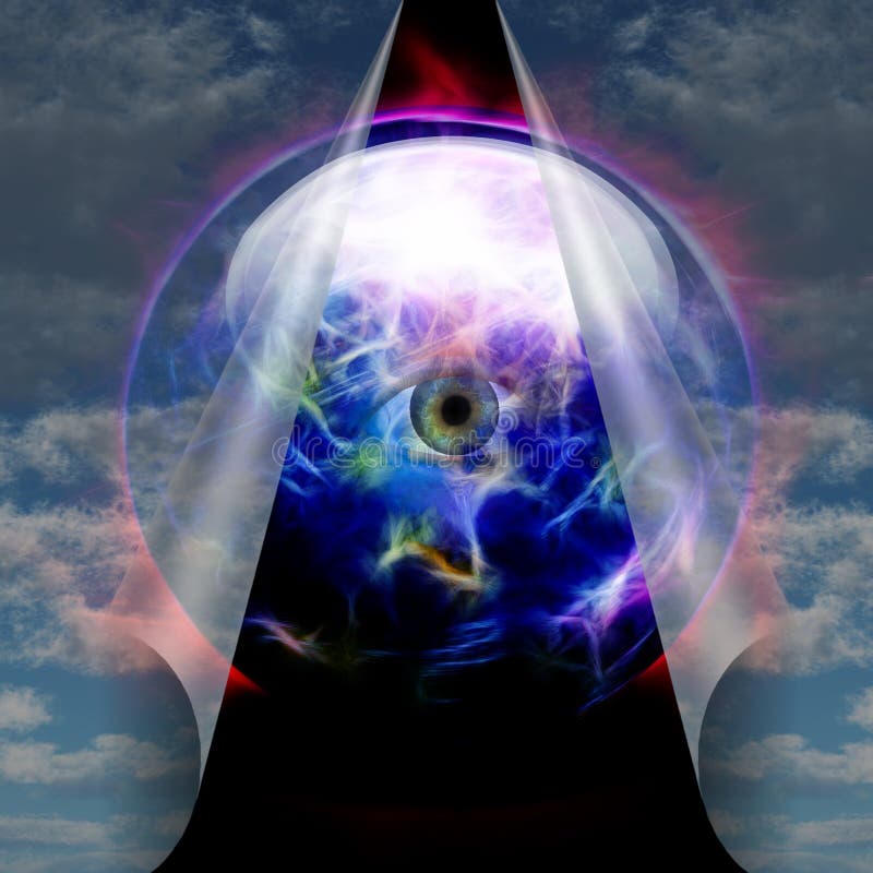 Crystal Ball under veil reveals eye. Crystal Ball under veil reveals eye