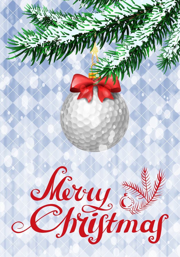 Golf ball in shape of christmas bauble on christmas tree with snow on evergreen branches. Vector illustration on blue background with argyle pattern. Golf ball in shape of christmas bauble on christmas tree with snow on evergreen branches. Vector illustration on blue background with argyle pattern