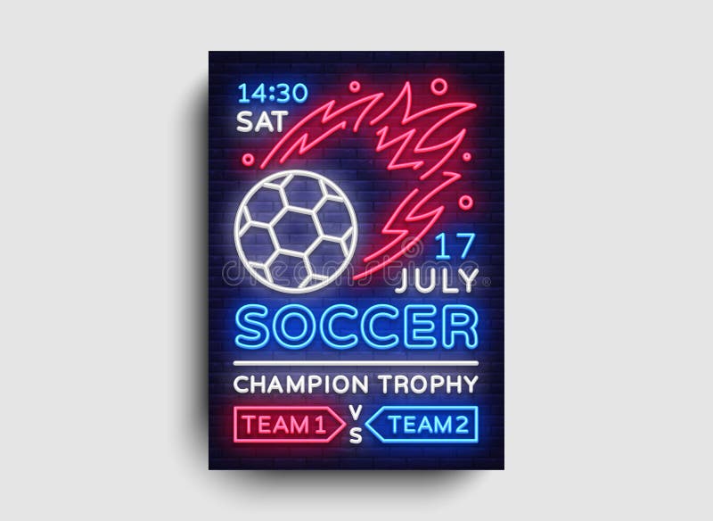 Piłka nożna plakatowy neonowy wektor Futbolowy pocztówkowy ulotka projekta szablon, lekki sztandar, jaskrawy broszurki piłki nożn royalty ilustracja Piłka nożna plakatowy neonowy wektor Futbolowy pocztówkowy ulotka projekta szablon, lekki sztandar, jaskrawy broszurki piłki nożn royalty ilustracja