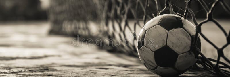 Soccer ball nestled in the goal net, monochrome shot conveying the climax of scoring a goal.  AI generated. Soccer ball nestled in the goal net, monochrome shot conveying the climax of scoring a goal.  AI generated