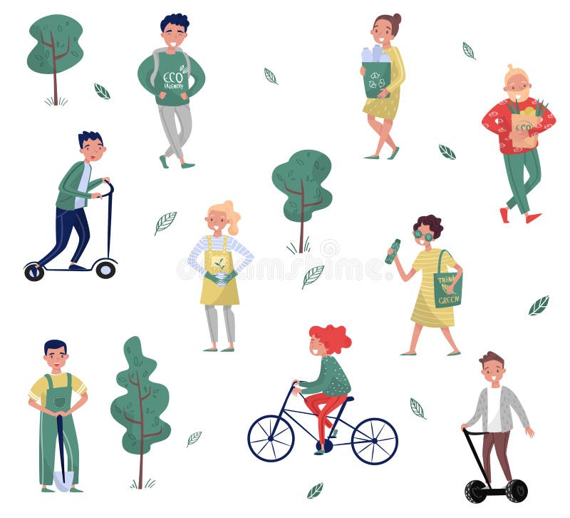 Plaatsen de Eco vriendschappelijke mensen, man en vrouw die het milieu beschermen, gebruikend alternatief vervoer, verzamelend af royalty-vrije illustratie Plaatsen de Eco vriendschappelijke mensen, man en vrouw die het milieu beschermen, gebruikend alternatief vervoer, verzamelend af royalty-vrije illustratie