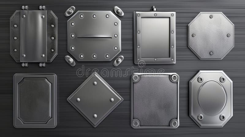 Steel metal tag plate with rivets in rectangular, square and hexagonal shapes. Set of realistic moderns of gold aluminum nameplates or boards. Mockup of chrome plaque or frame with an empty surface.. AI generated. Steel metal tag plate with rivets in rectangular, square and hexagonal shapes. Set of realistic moderns of gold aluminum nameplates or boards. Mockup of chrome plaque or frame with an empty surface.. AI generated