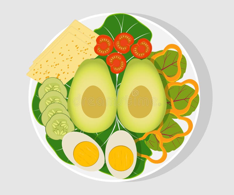 White plate with sliced vegetables, boiled egg and cheese. Tomatoes, cucumbers, peppers, avocado. Health food, vegetarian products. Vector illustration eps10. White plate with sliced vegetables, boiled egg and cheese. Tomatoes, cucumbers, peppers, avocado. Health food, vegetarian products. Vector illustration eps10