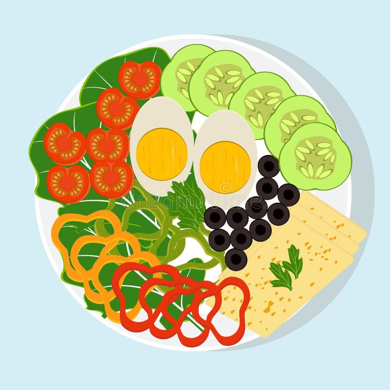 White plate with sliced vegetables, boiled egg and cheese. Tomatoes, cucumbers, peppers, olives, lettuce, greens. Health food, vegetarian products Vector illustration. White plate with sliced vegetables, boiled egg and cheese. Tomatoes, cucumbers, peppers, olives, lettuce, greens. Health food, vegetarian products Vector illustration