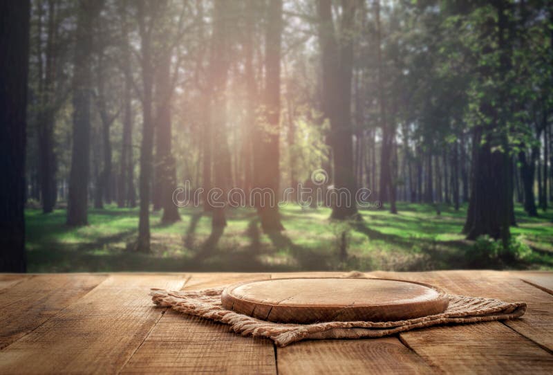 Placa da madeira redonda na tabela de madeira no fundo da floresta