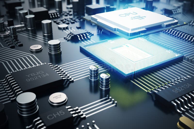Placa de circuito de la representación 3D Fondo de la tecnología Concepto de la CPU de los procesadores del ordenador central Mic stock de ilustración