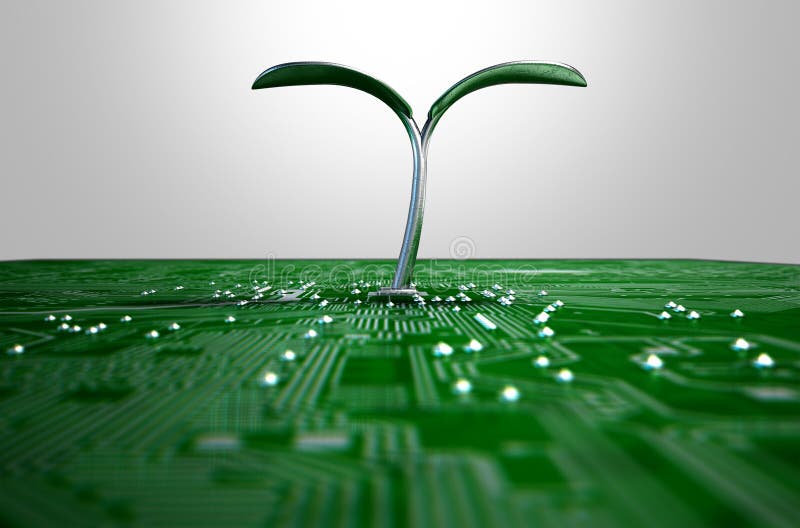 A 3D render of a macro view, circuit board with a metal plant shoot growing out the centre on a dark studio background. A 3D render of a macro view, circuit board with a metal plant shoot growing out the centre on a dark studio background