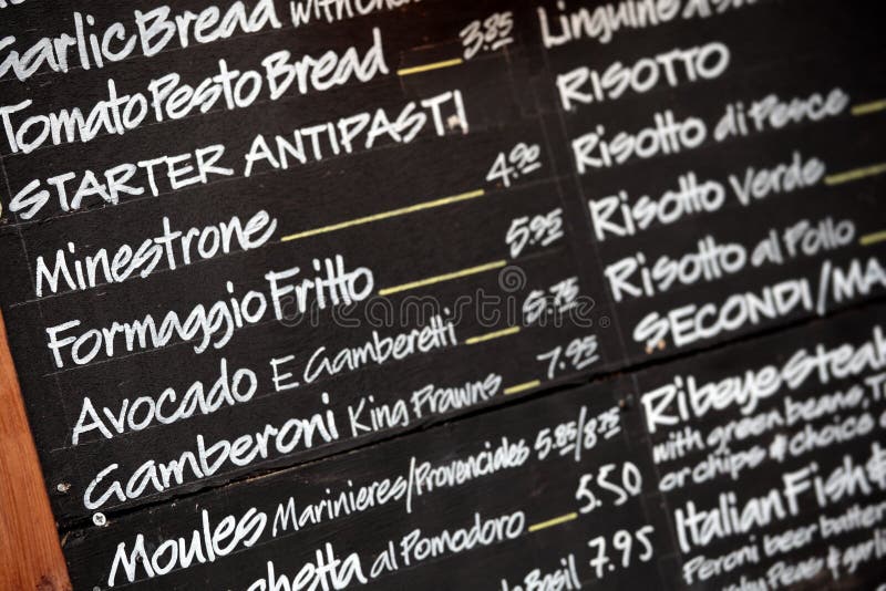 Placa de giz italiana do menu do restaurante