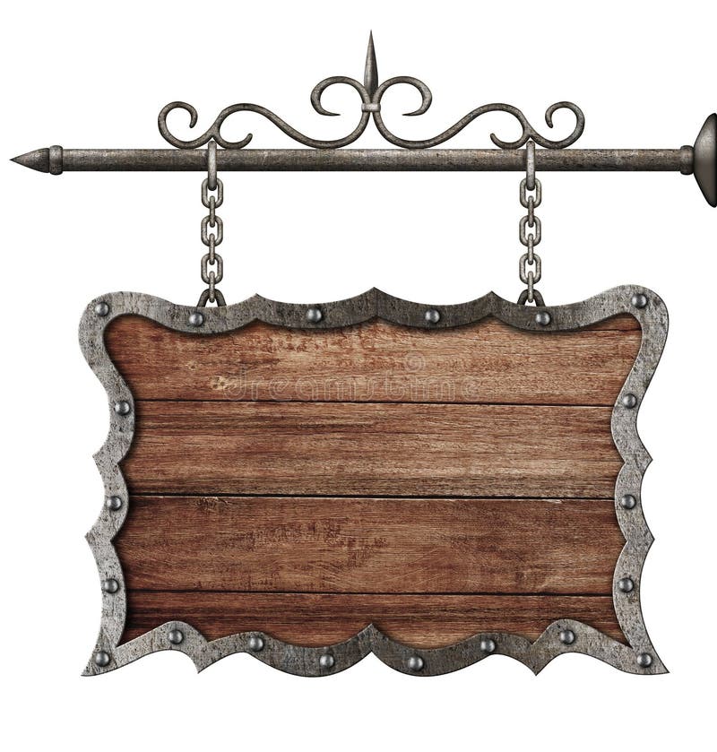 Placa de madeira medieval do sinal que pendura nas correntes isoladas