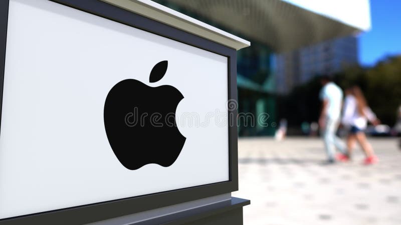 Placa do signage da rua com Apple Inc logo Centro borrado do escritório e fundo de passeio dos povos Rendição 3D editorial