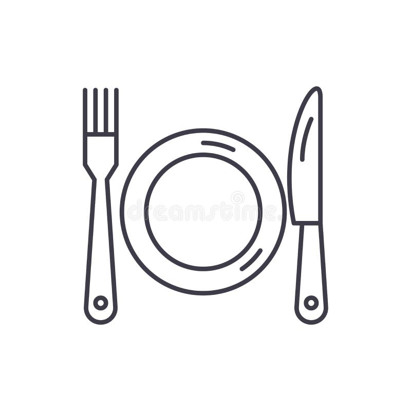 Placa, forquilha e conceito filiforme do ícone Ilustração linear do vetor da placa, da forquilha e da faca, símbolo, sinal ilustração royalty free Placa, forquilha e conceito filiforme do ícone Ilustração linear do vetor da placa, da forquilha e da faca, símbolo, sinal ilustração royalty free
