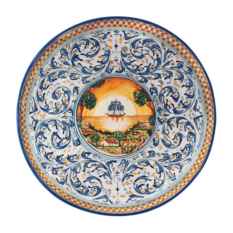 Handmade traditional italian pottery with ornaments and sea scene design. Handmade traditional italian pottery with ornaments and sea scene design