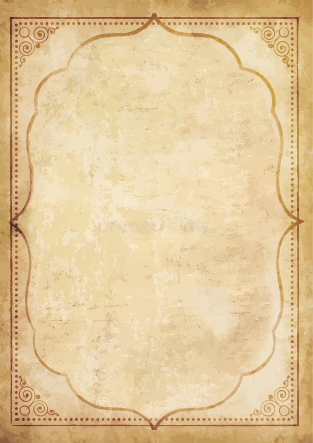 Old grungy vintage paper blank with curly oriental frame ornament. Worn papyrus template for mail, aged letter paper with space for text or image. Highly detailed vector illustration, border. Old grungy vintage paper blank with curly oriental frame ornament. Worn papyrus template for mail, aged letter paper with space for text or image. Highly detailed vector illustration, border.