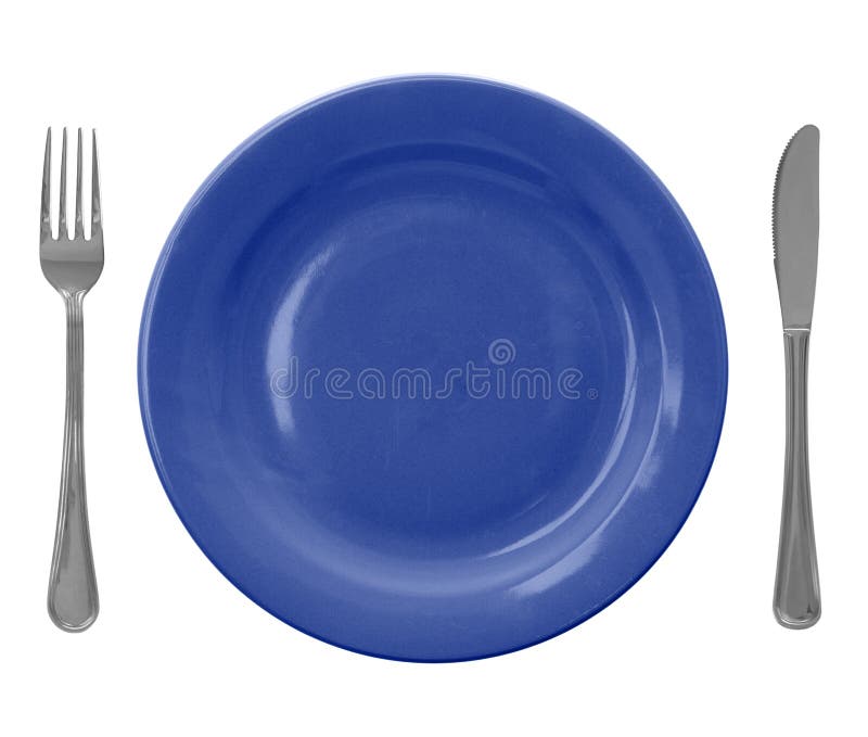 Placa vacía azul con la fork y el cuchillo