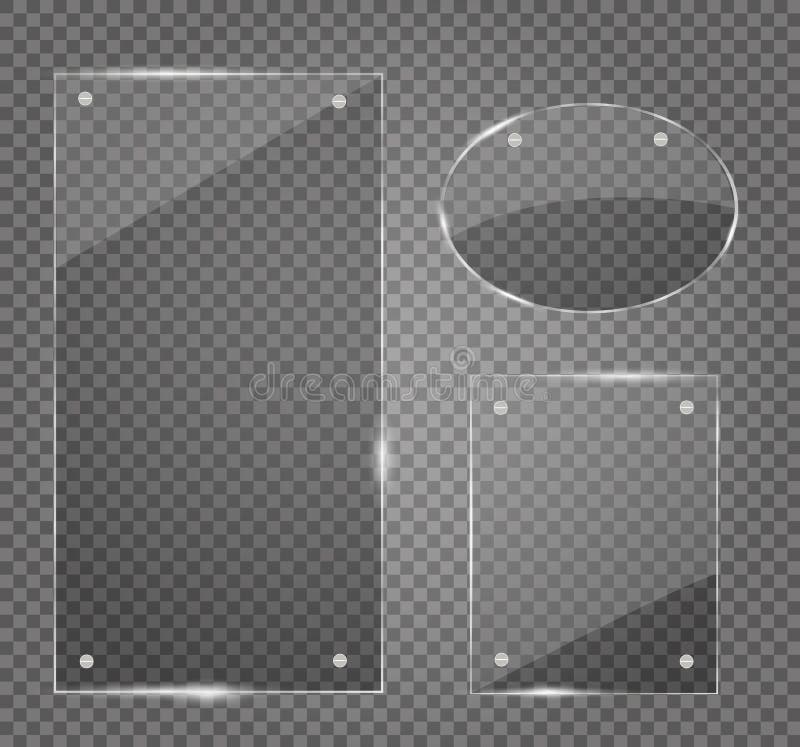 Placas de cristal fijadas Banderas de cristal del vector en fondo transparente ilustración del vector Placas de cristal fijadas Banderas de cristal del vector en fondo transparente ilustración del vector
