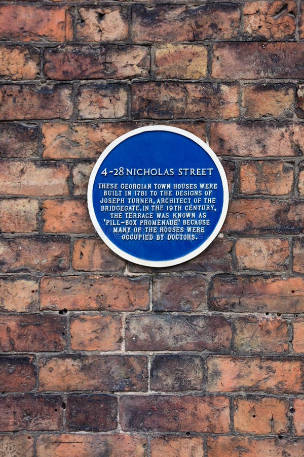 Chester, UK: Jul 3, 2022: A blue plaque  attatched to a row of Georgian town houses which were locally known as Pill Box Promenade as many of the houses were occupied by Doctors. Chester, UK: Jul 3, 2022: A blue plaque  attatched to a row of Georgian town houses which were locally known as Pill Box Promenade as many of the houses were occupied by Doctors