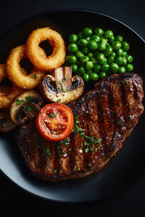 Placca di funghi di carne piselli e pomodori. La piastra è nera e il cibo è di origine bruna AI